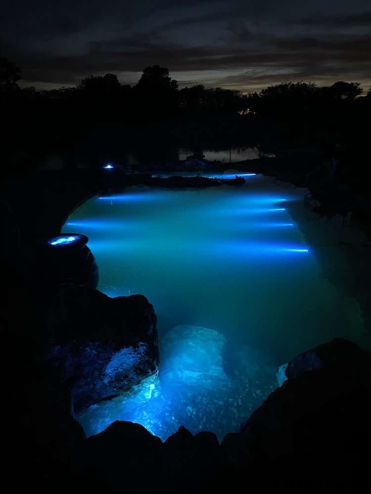 recreational pond lit up by blue lights at night
