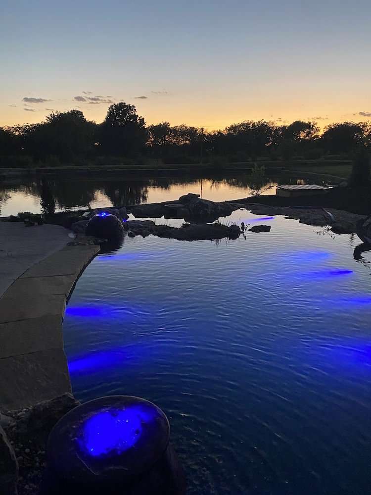 recreational pond lit up by blue lights during sunet