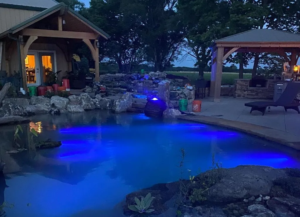 Large water feature with blue lights